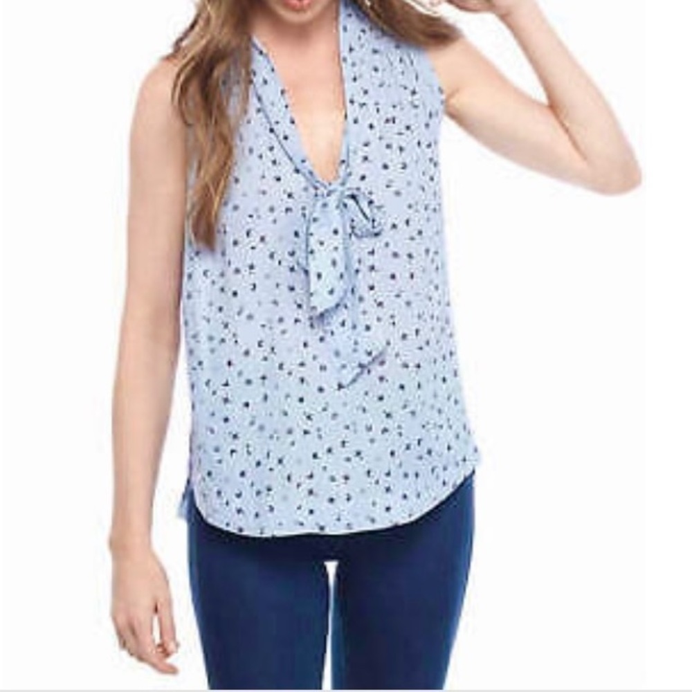Free People Front Bow Tie Blue Floral Print Blouse Size XS